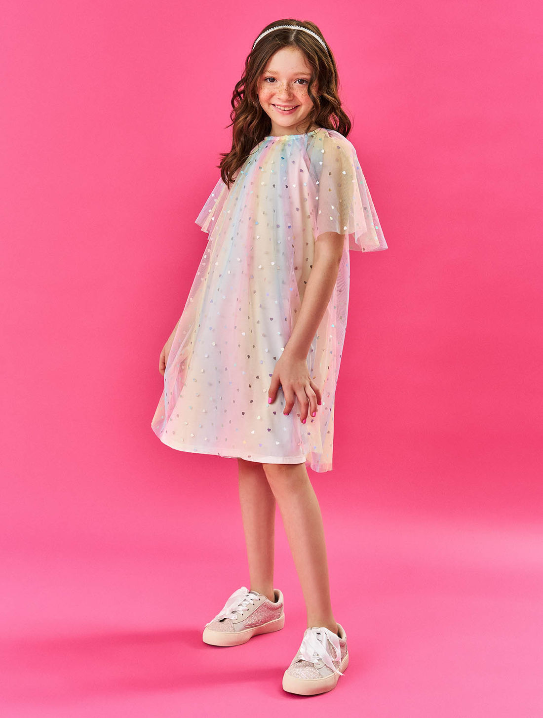 Vestido Infantil Menina Tule Com Corações Rosa Cinti Vestido Infantil Menina Tule Com Corações Rosa Cinti