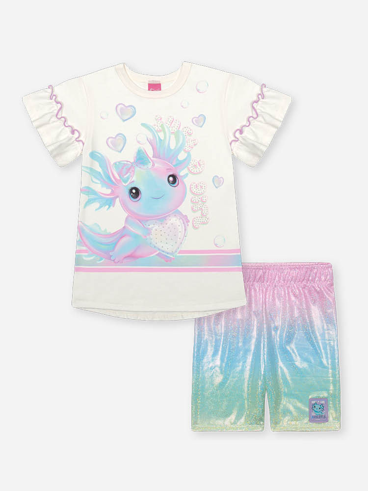 Conjunto Infantil com Blusa Estampa Sara Salamandra e Ciclista em Malha Foil – Look Menina Verão com NATURAL/RS IOGURTE