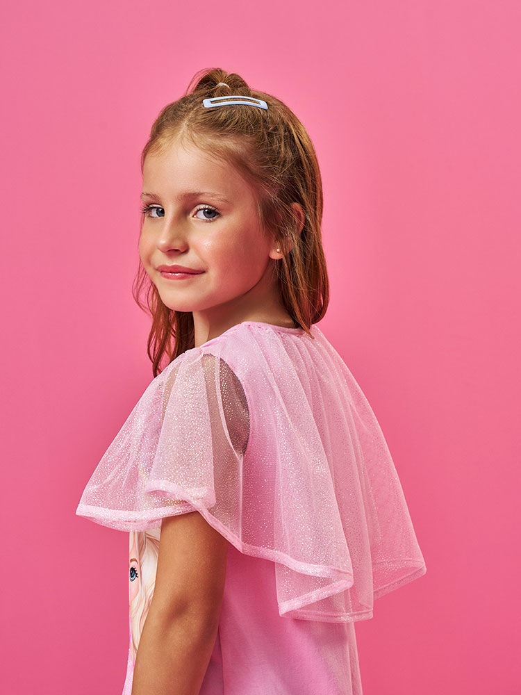 Vestido Infantil Aniversário Menina com Capa em Tule Foil e Coroa – Vestido Birthday Girl Cinti ROSA IOGURTE