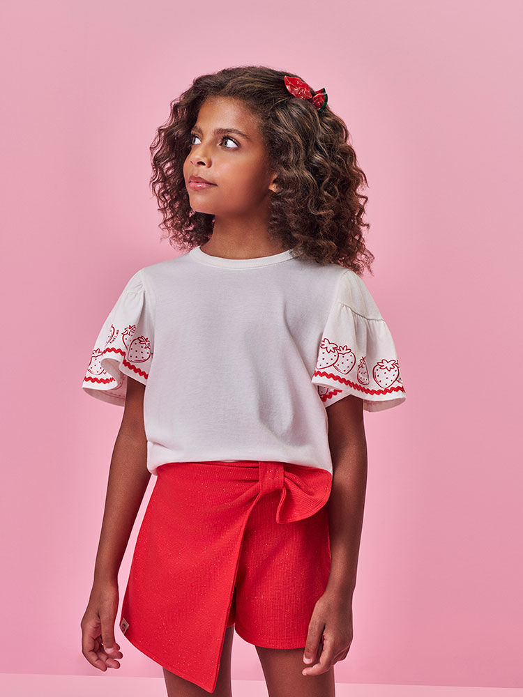 Conjunto Infantil Menina Blusa Morangos e Short-Saia com Glitter