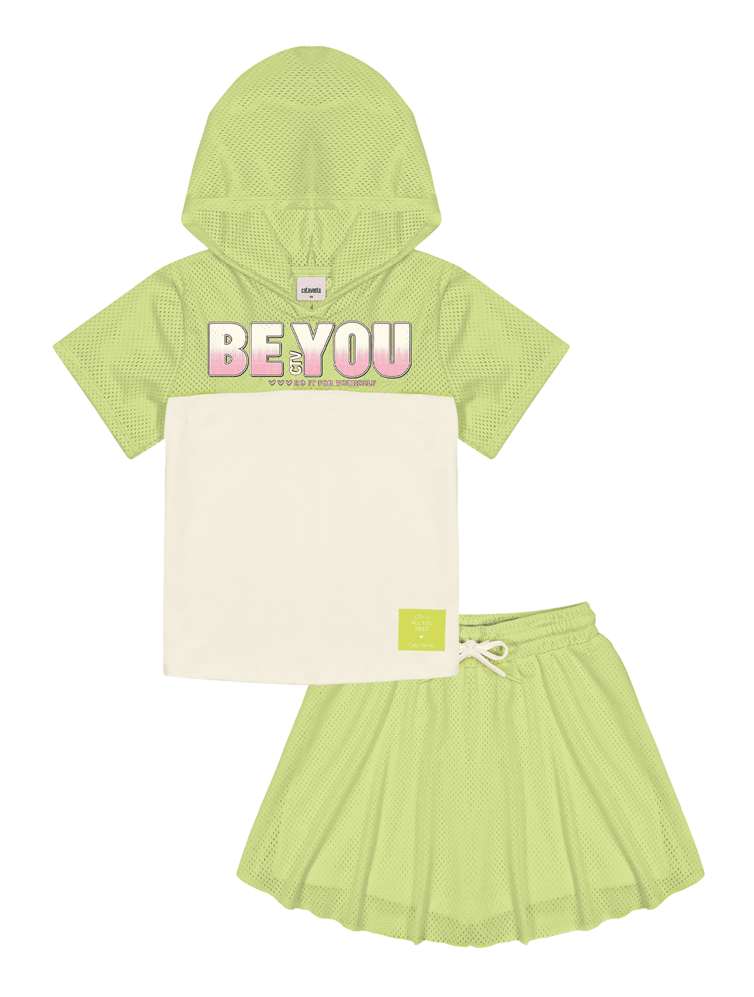 Conjunto Blusa E Short-Saia Com Tela Amarelo Neon E Natural CTV Conjunto Blusa E Short-Saia Com Tela Amarelo Neon E Natural CTV