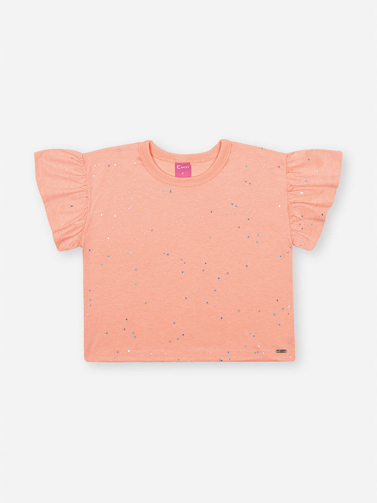 Conjunto Infantil Neon Love com Blusa e Shorts em Meia Malha P.A com Glitter – Look Menina Verão LARANJA NEON LIGHT