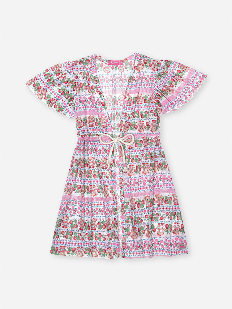 Saída de Praia Infantil em Tule Flex Estampado – Moda Praia Menina Verão com Sorvetes e Ursinhas ROSA IOGURTE