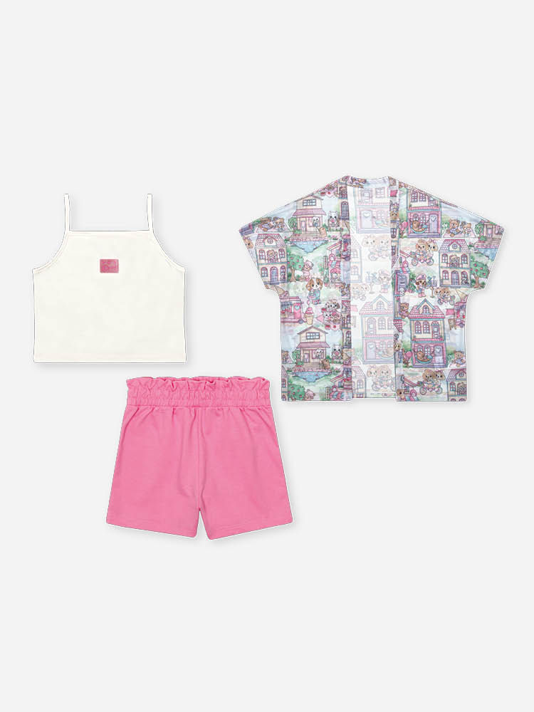 Conjunto Infantil com Top e Shorts em Moletinho com Kimono em Tule – Look Menina Verão de Cachorrinh NATURAL/RS CONFETE