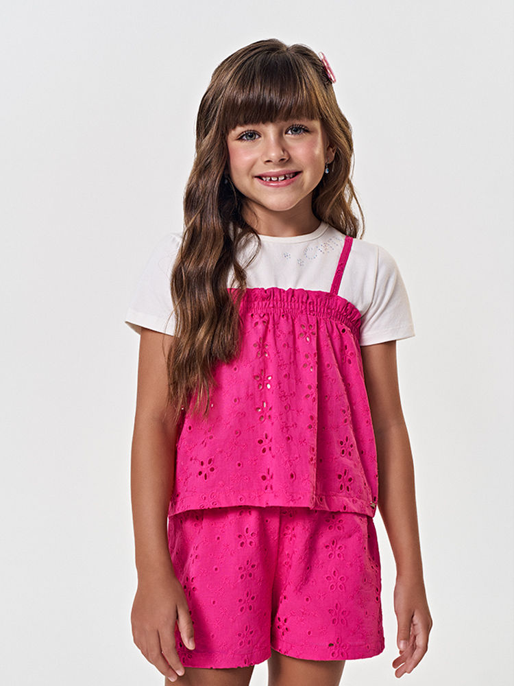 Conjunto Infantil Blusa, Sobreposição e Shorts Laise Rosa