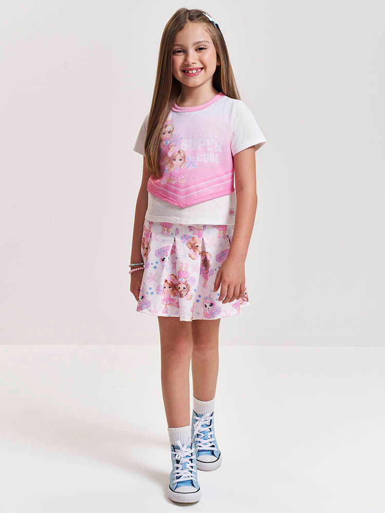 Conjunto Infantil Cheerleader com Shorts Saia Plissado – Conjunto Menina Fashion Cinti NATURAL/RS IOGURTE