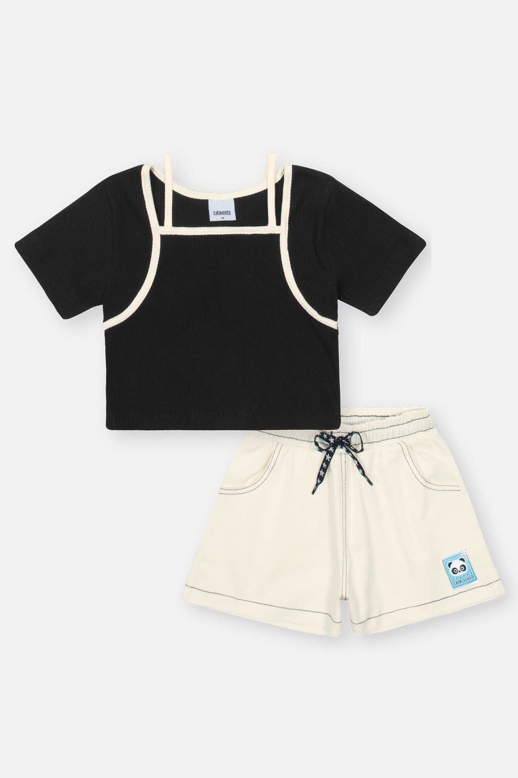 Conjunto Infantil Menina Blusa Cropped + Short Sarja Preto CTV