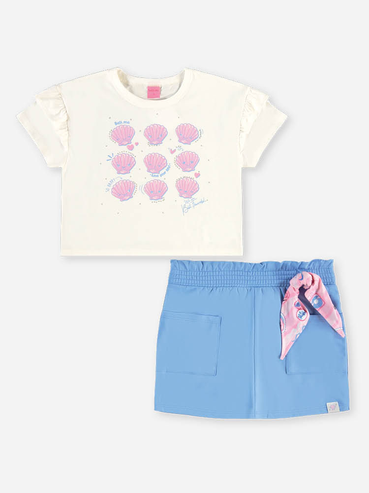 Conjunto Infantil Menina Blusa Boxy Conchas e Short-Saia com Strass