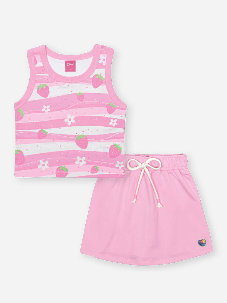 Conjunto Infantil com Regata em Cotton e Shorts Saia em Moletinho – Look Menina Verão com Strass NATURAL/RS IOGURTE