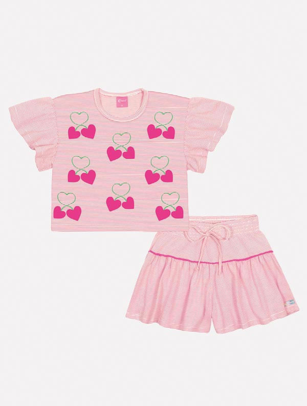Conjunto Infantil Menina Tutti-Frutti Blusa E Short Listras Rosa Mundo Cinti