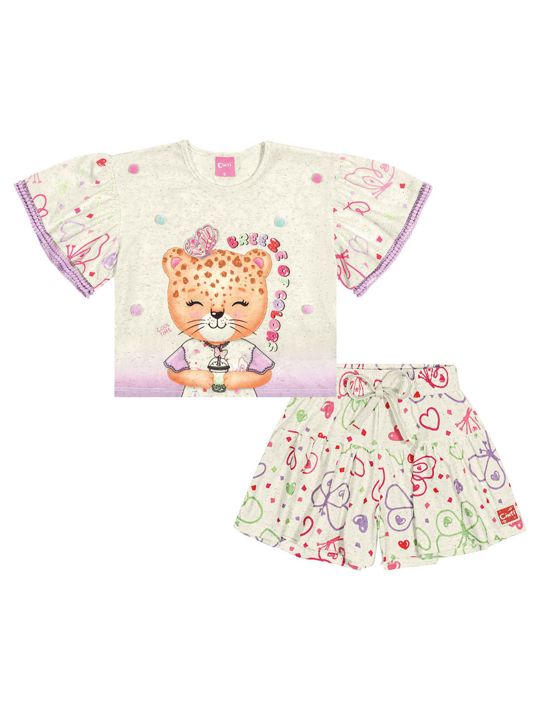 Conjunto Infantil Menina Blusa Boxy E Short Borboletas Off White Cinti