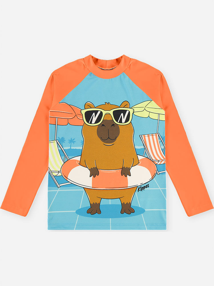 Conjunto Menino em Malha UV Camiseta e Sunga Capivara Laranja Neon
