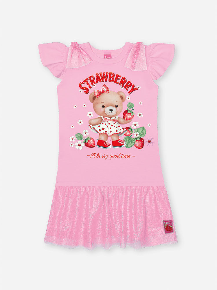 Vestido Infantil em Meia Malha com Tule Foil – Vestido Menina Verão com Estampa de Morango e Strass ROSA IOGURTE