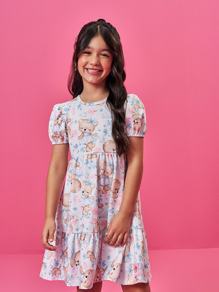 Vestido Infantil em New Stretch com Estampa de Ursinhas – Vestido Menina Verão Azul Porcelana AZUL PORCELANA