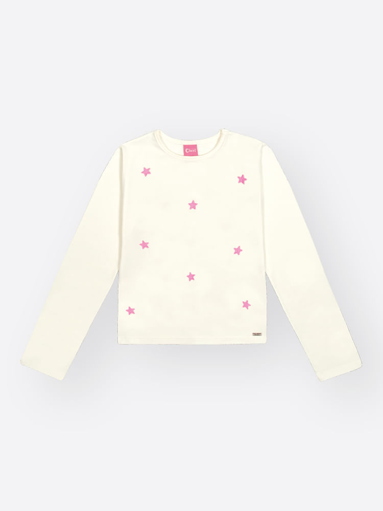 Blusa Menina em Cotton Estrelas Bordadas Mundo Cinti NATURAL/ROSA