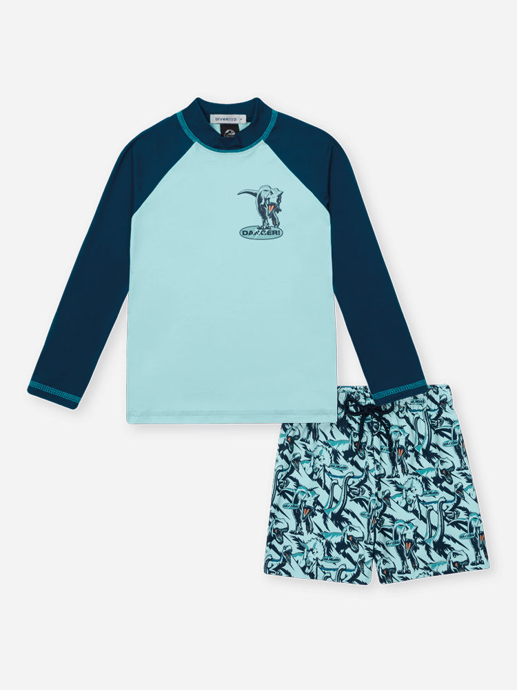 Conjunto Infantil UV Jurassic World Raptor Boardshort Verde