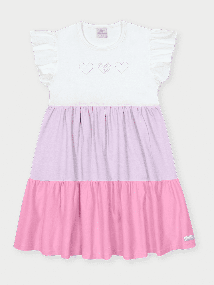 Vestido Infantil Color Block 3 Corações Branco Abrange