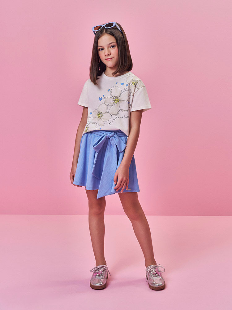 Conjunto Infantil Menina Blusa Floral e Saia-Short Azul com Laço