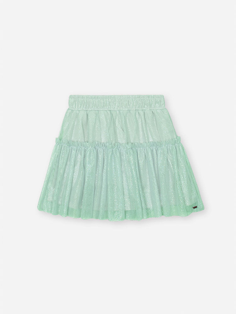 Conjunto Infantil com Blusa Estampa Sara Salamandra e Saia Shorts em Tule Foil – Look Menina Verão c NATURAL/VD BRISA