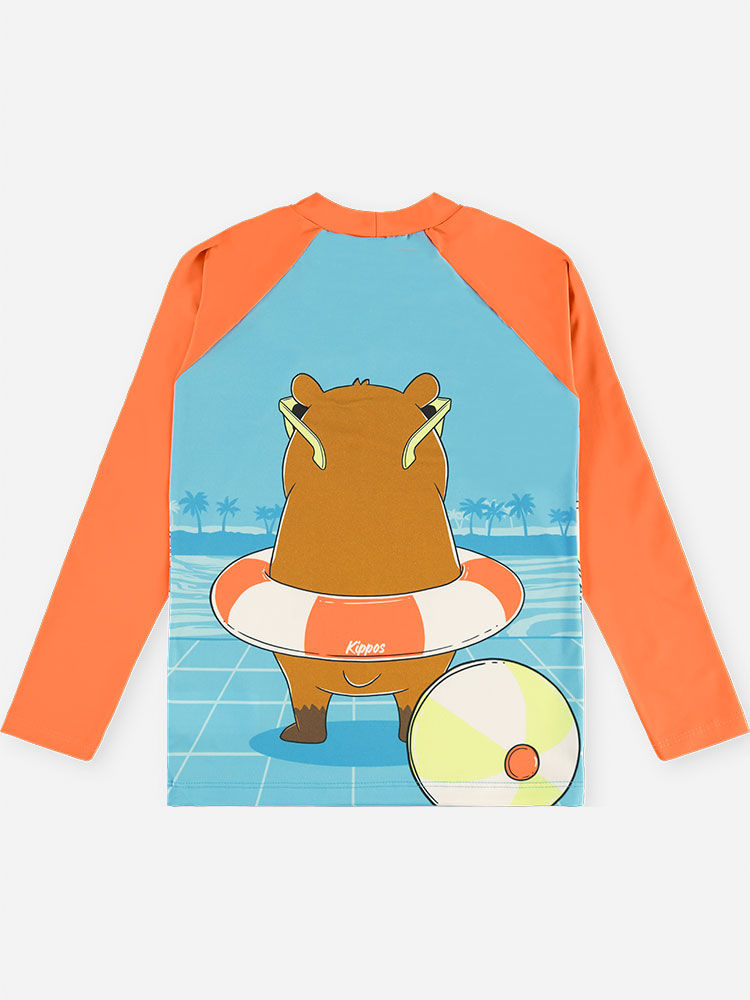 Conjunto Menino em Malha UV Camiseta e Sunga Capivara Laranja Neon