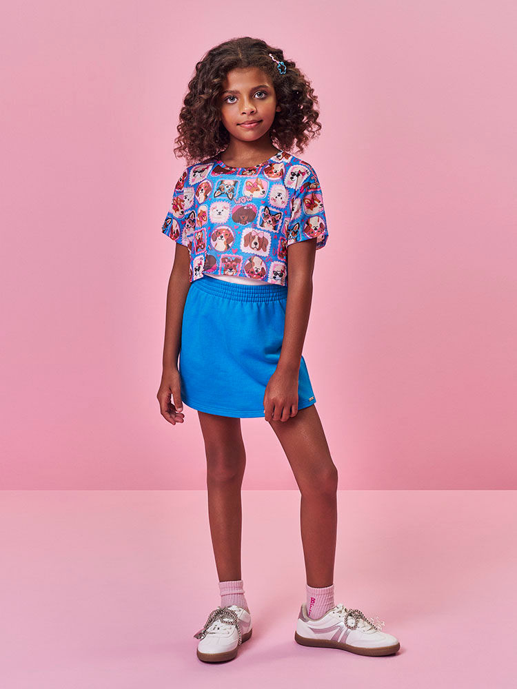 Conjunto Infantil Menina Cropped e Regata e Saia-Short Estampa Cachorrinhos