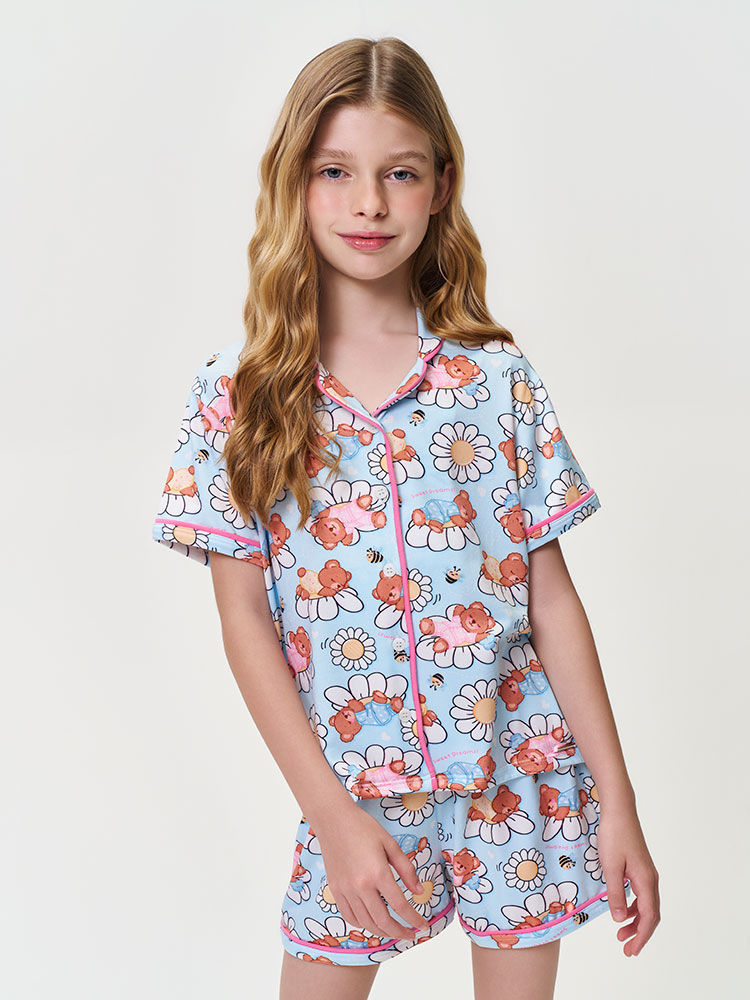 Conjunto Infantil Menina Pijama Ursinhas e Flores em Malha Suede