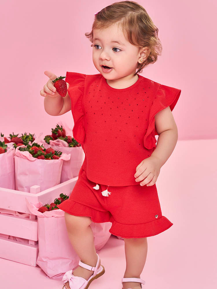 Conjunto Bebê Blusa Boxy com Strass e Short Vermelho