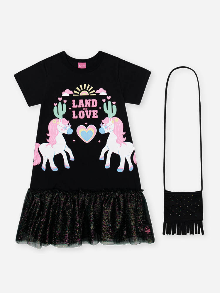Vestido Infantil de Unicórnio e Bolsa – Vestido Menina Preto com Tule Foil PRETO