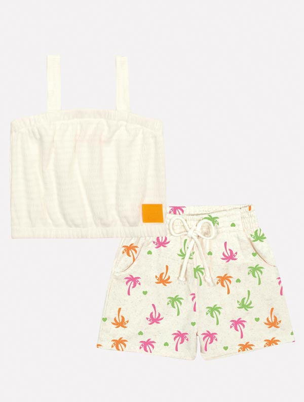 CONJ BLUSA E SHORTS NATURAL/LARANJA NEON