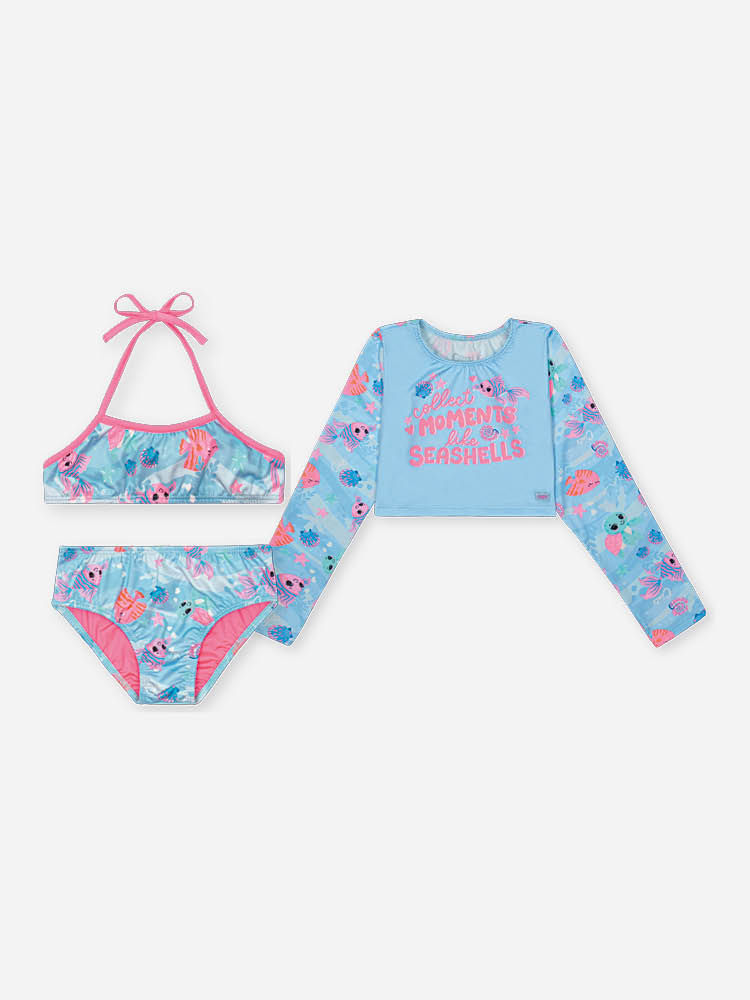 Biquíni Infantil em Malha UV com Estampa de Conchas e Fundo do Mar – Moda Praia Menina Verão com Blu AZUL PORCELANA