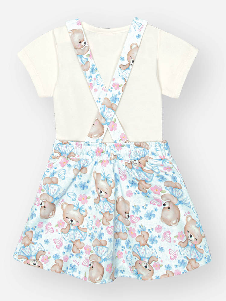 Conjunto Bebê Menina com Salopete Estampada e Body Cotton – Ursinha Delicada Cinti Baby NATURAL/AZ PORCELANA