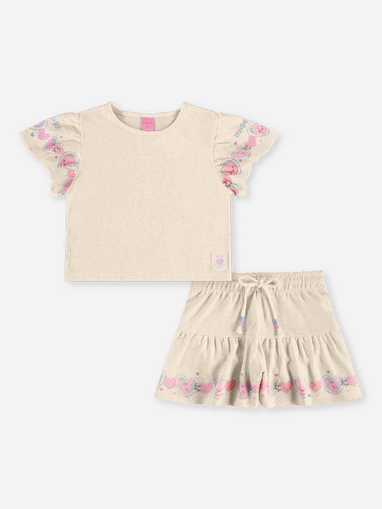 Conjunto Infantil Menina Blusa Boxy e Short Estampa Conchas com Strass