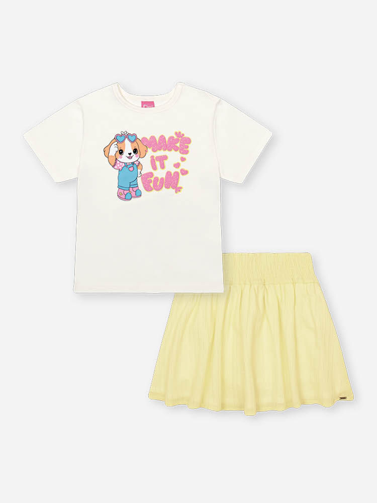 Conjunto Infantil com Blusa em Cotton de Cachorro e Saia Shorts em Cotton Silver – Look Menina Verão NATURAL/AM VAGALUME