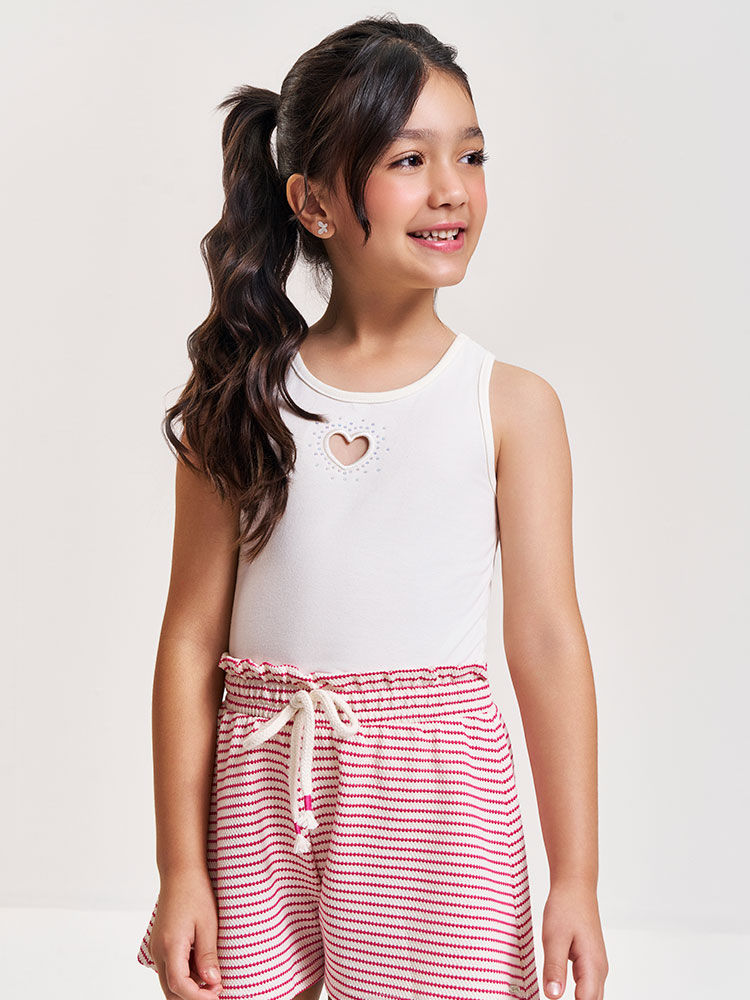 Conjunto Infantil com Regata em Cotton e Shorts Listrado – Look Menina Verão com Bordado Vazado e St NATURAL/RS CRUSH