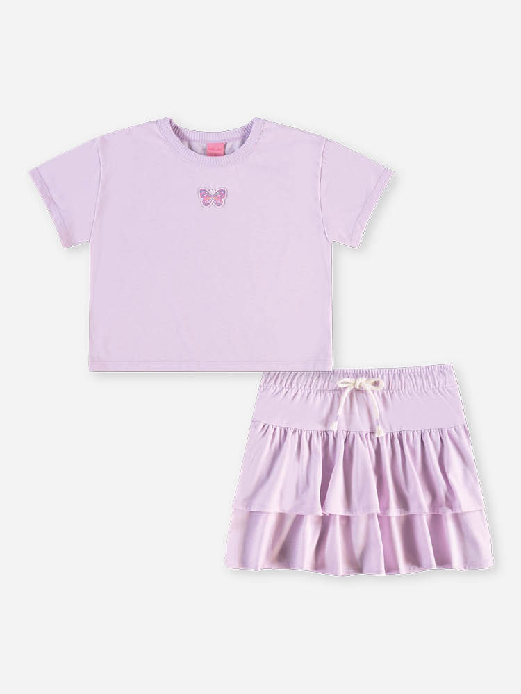 Conjunto Infantil Menina Blusa Boxy e Saia-Short com Babados Lilás