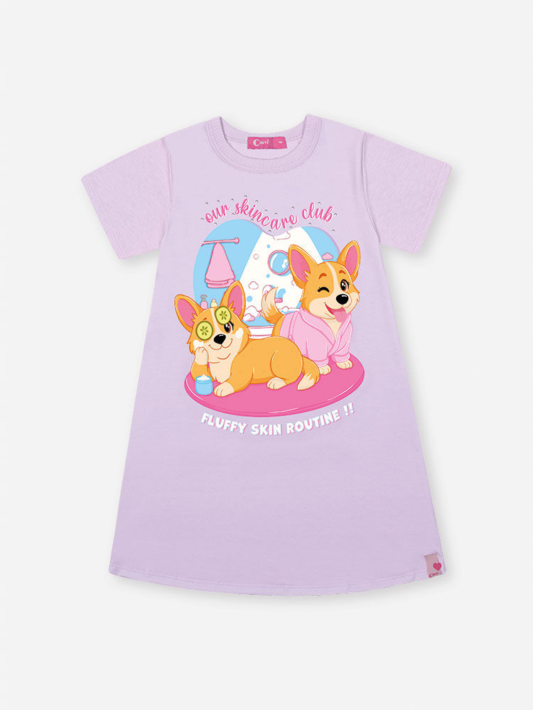 Camisola Infantil em Meia Malha – Pijama Menina Verão com Estampa de Cachorrinhos LILAS BRUMA