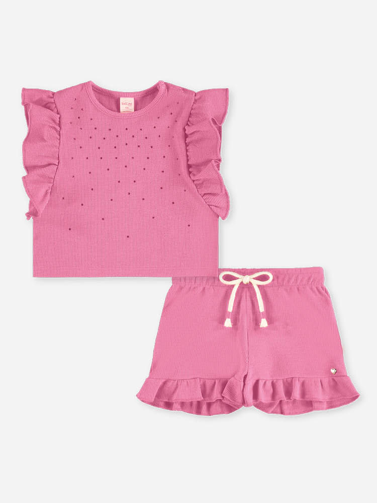 Conjunto Bebê Blusa Boxy com Strass e Short Rosa