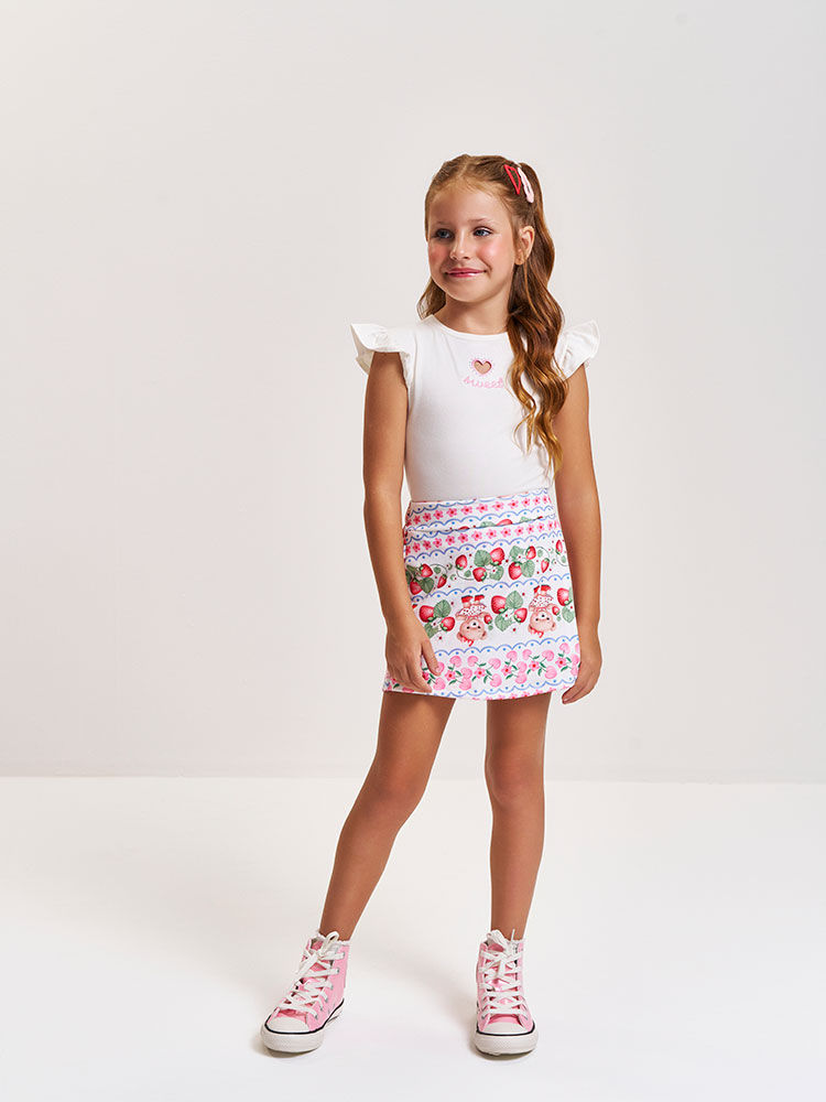 Conjunto Infantil com Blusa em Cotton Bordada e Short-Saia em Molecotton – Look Menina Verão NATURAL/RS IOGURTE