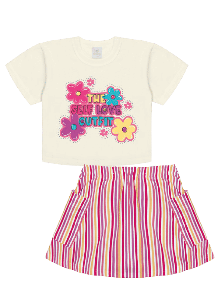 Conjunto Blusa E Saia Listrada Natural E Rosa Neon Abrange Conjunto Blusa E Saia Listrada Natural E Rosa Neon Abrange
