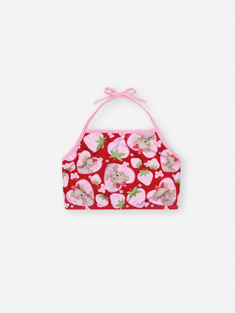 Biquíni Infantil em Malha UV com Estampa de Ursinha e Morangos – Moda Praia Menina Verão com Miçanga ROSA IOGURTE