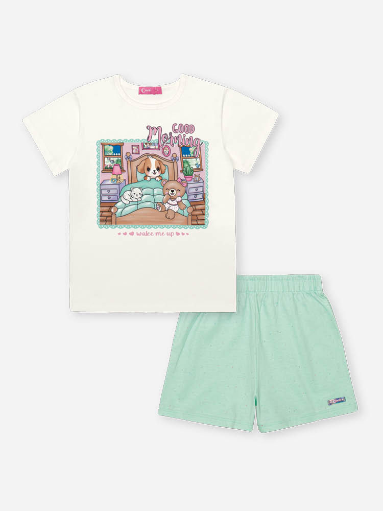 Pijama Infantil com Blusa e Shorts em Malha Botonê – Pijama Menina Verão de Bobbies Goods NATURAL/VD BRISA