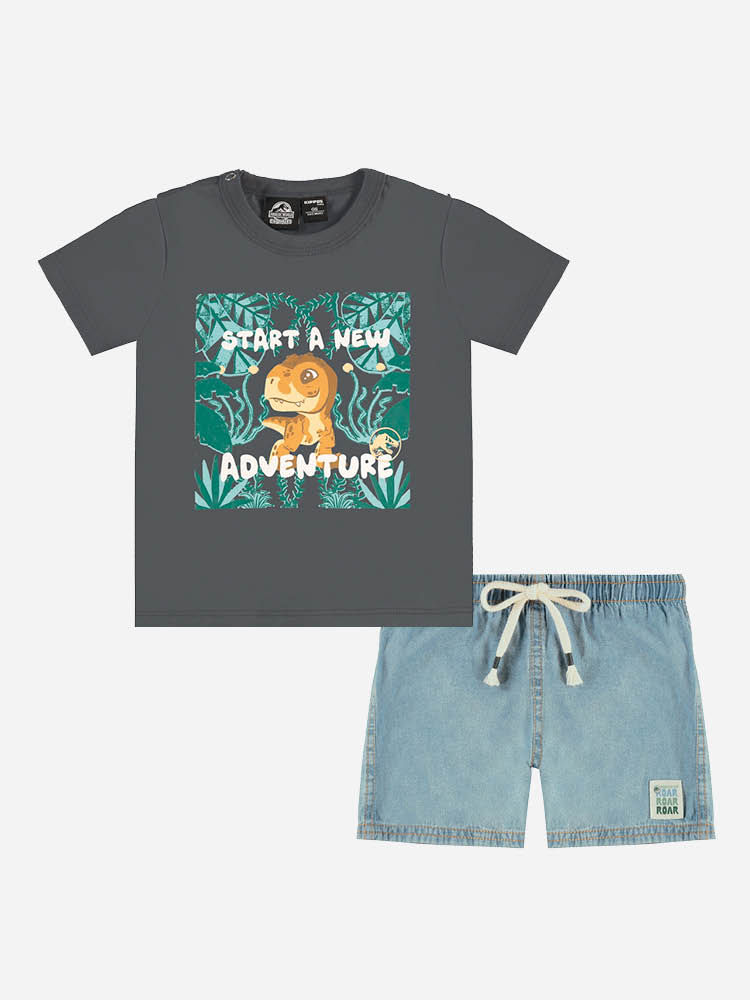 Conjunto Bebê Menino Jurassic World Camiseta T-Rex e Bermuda Jeans Médio Conjunto Bebê Menino Jurassic World Camiseta T-Rex e Bermuda Jeans Médio