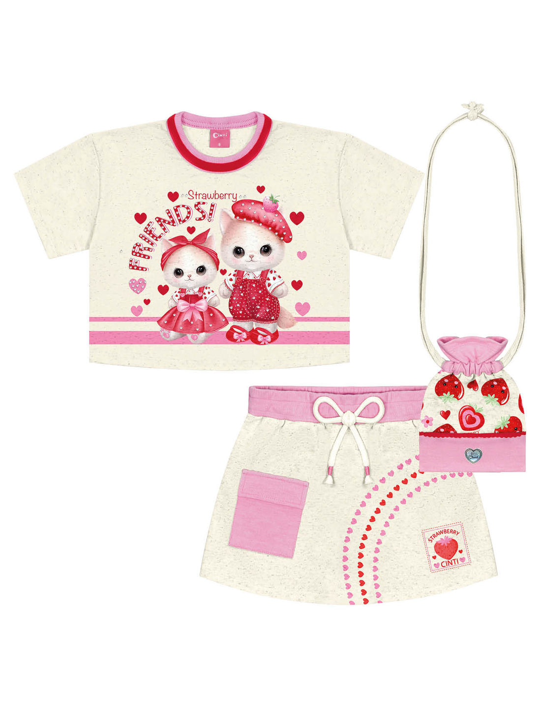 Conjunto Infantil Menina Blusa Gatinha; Short-Saia E Bolsa Strawberry Off White E Rosa Cinti