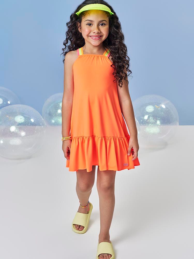 Saída de Praia Infantil em Malha UV Neon – Vestido Praia Menina Verão Neon LARANJA NEON FORTE