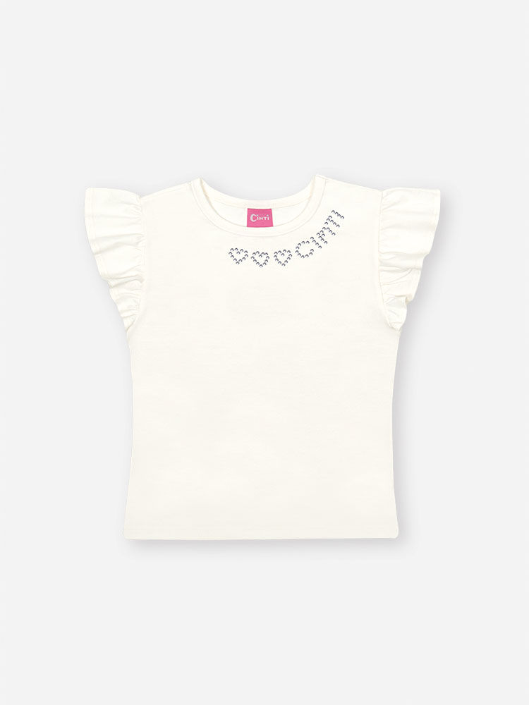 Conjunto Infantil com Blusa em Cotton e Saia Shorts com Voil Bordado – Look Menina Verão com Lenço NATURAL/VD BRISA