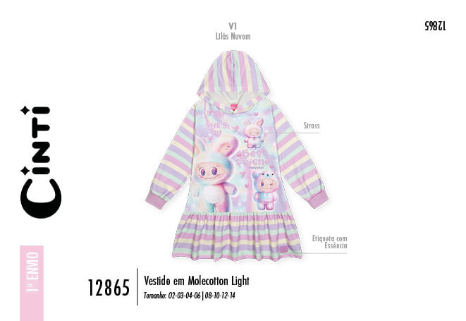 Vestido Infantil Manga Longa Listrado com Capuz – Vestido Menina Monstrinhos Mundo Cinti