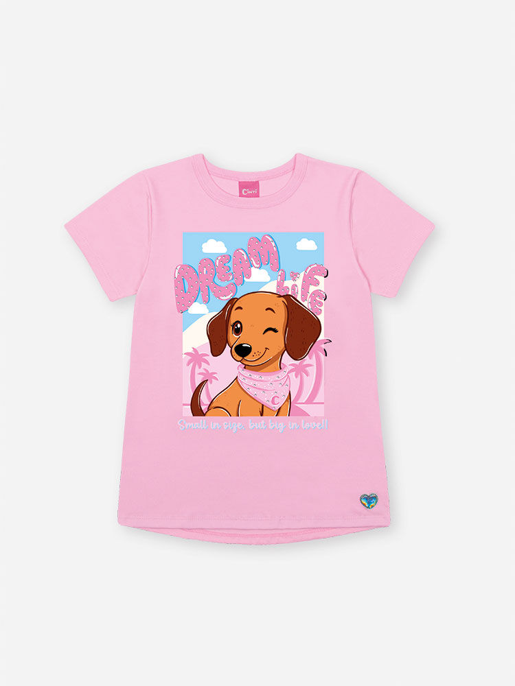 Camiseta Infantil com Estampa de Cachorrinho – Blusa Menina Verão com Strass ROSA IOGURTE