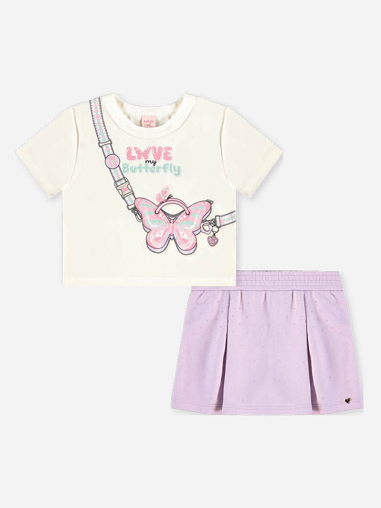Conjunto Bebê Blusa Borboleta e Short-Saia Lilás com Strass
