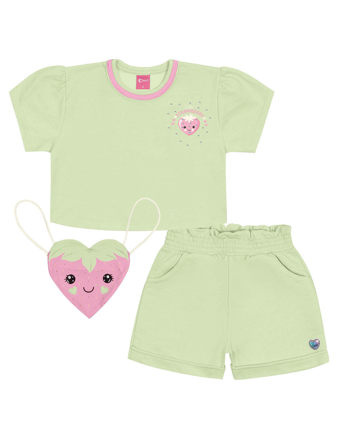 Conjunto Infantil Menina Blusa; Short E Mochila Strawberry Verde E Rosa Cinti