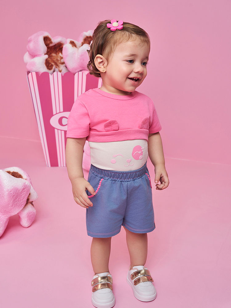 Conjunto Bebê Menina Body com Sobreposição Interativa e Shorts Denim – Look Divertido Cinti Baby NATURAL/AZ JEANS M/RS CONFETE